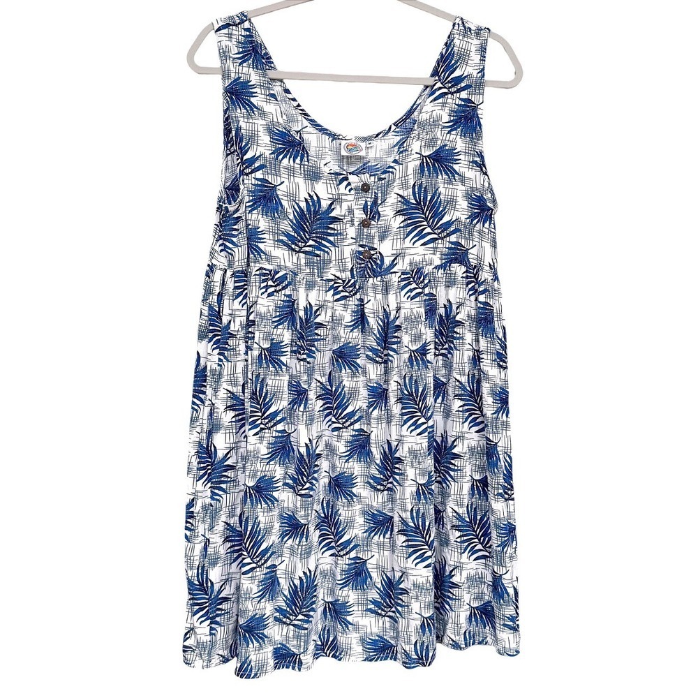 Makai Beach Hawaii Blue Tropical Palm Leaf Rayon Babydoll Sundress / Cover Up  M